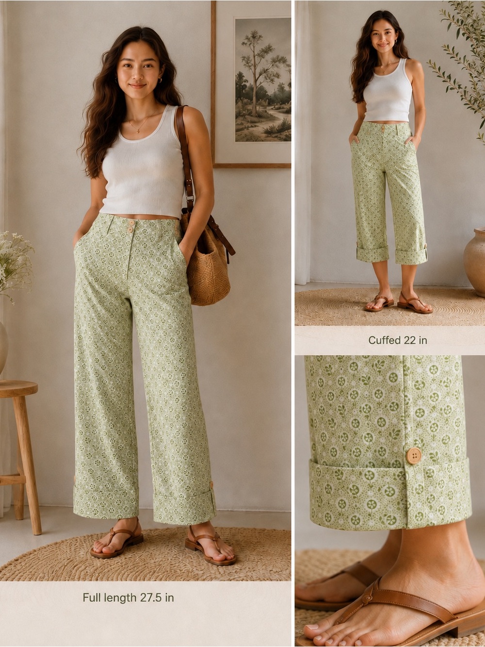 April Cornell Green Floral Wide Leg Convertible Cuff Pants Size S